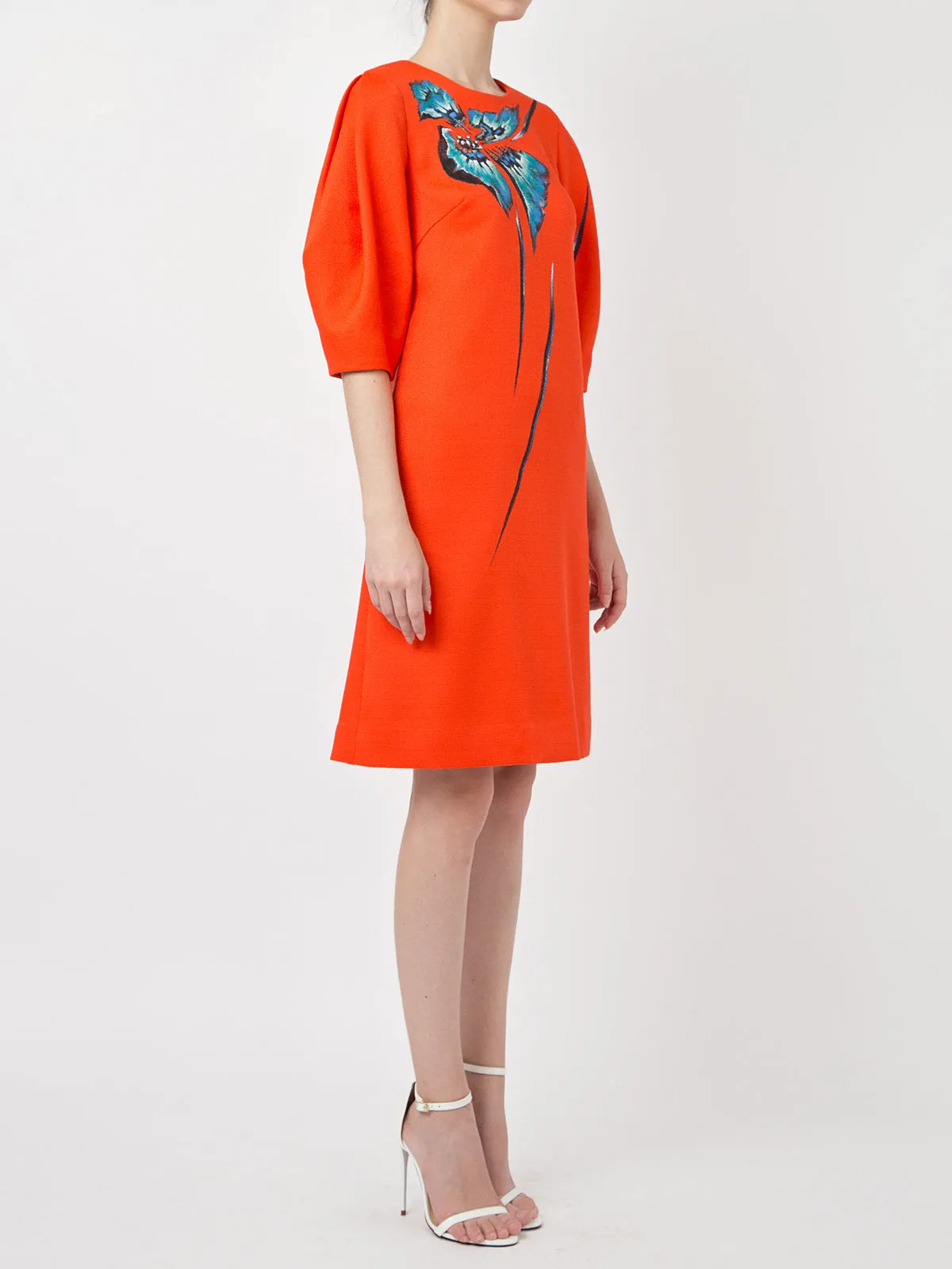 ORCHID TREE FLOWER-PAINTED VOLUMINOUS SLEEVE TWEED DRESS