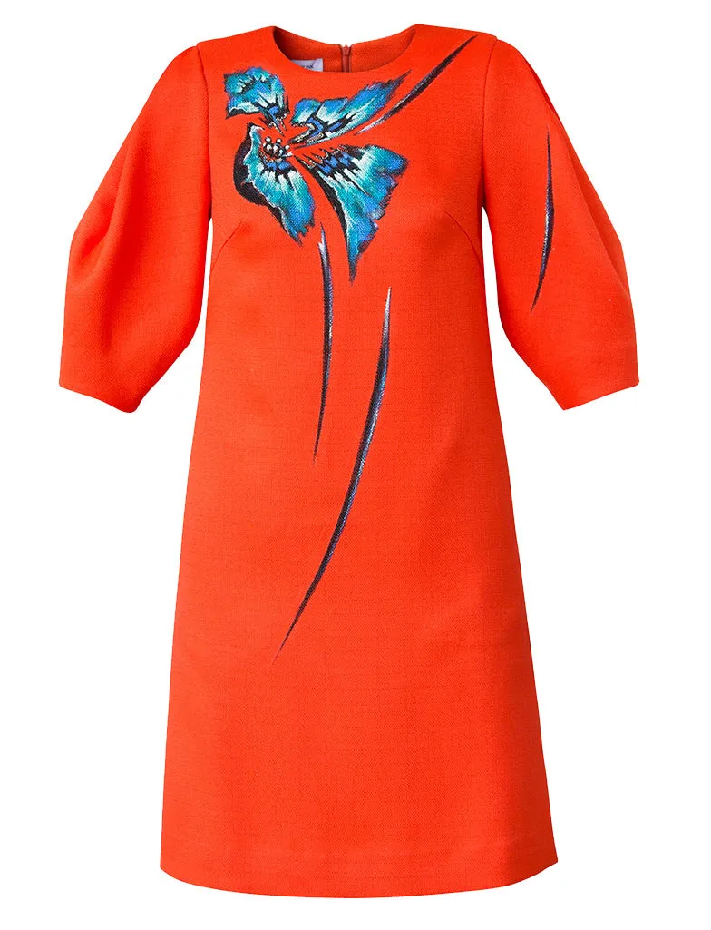 ORCHID TREE FLOWER-PAINTED VOLUMINOUS SLEEVE TWEED DRESS