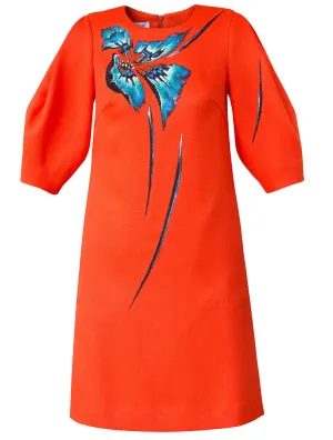 ORCHID TREE FLOWER-PAINTED VOLUMINOUS SLEEVE TWEED DRESS
