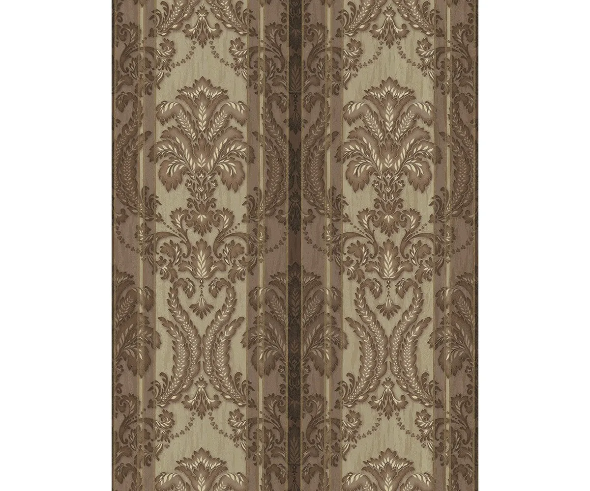 Ornated Floral Damask Stripes Brown 5781-27 Wallpaper