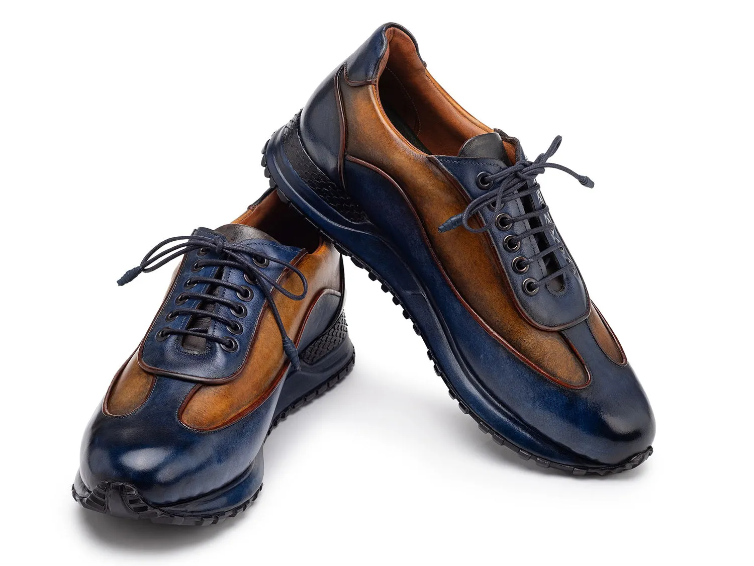 Paul Parkman Men's Patina Leather Sneakers in Blue & Camel