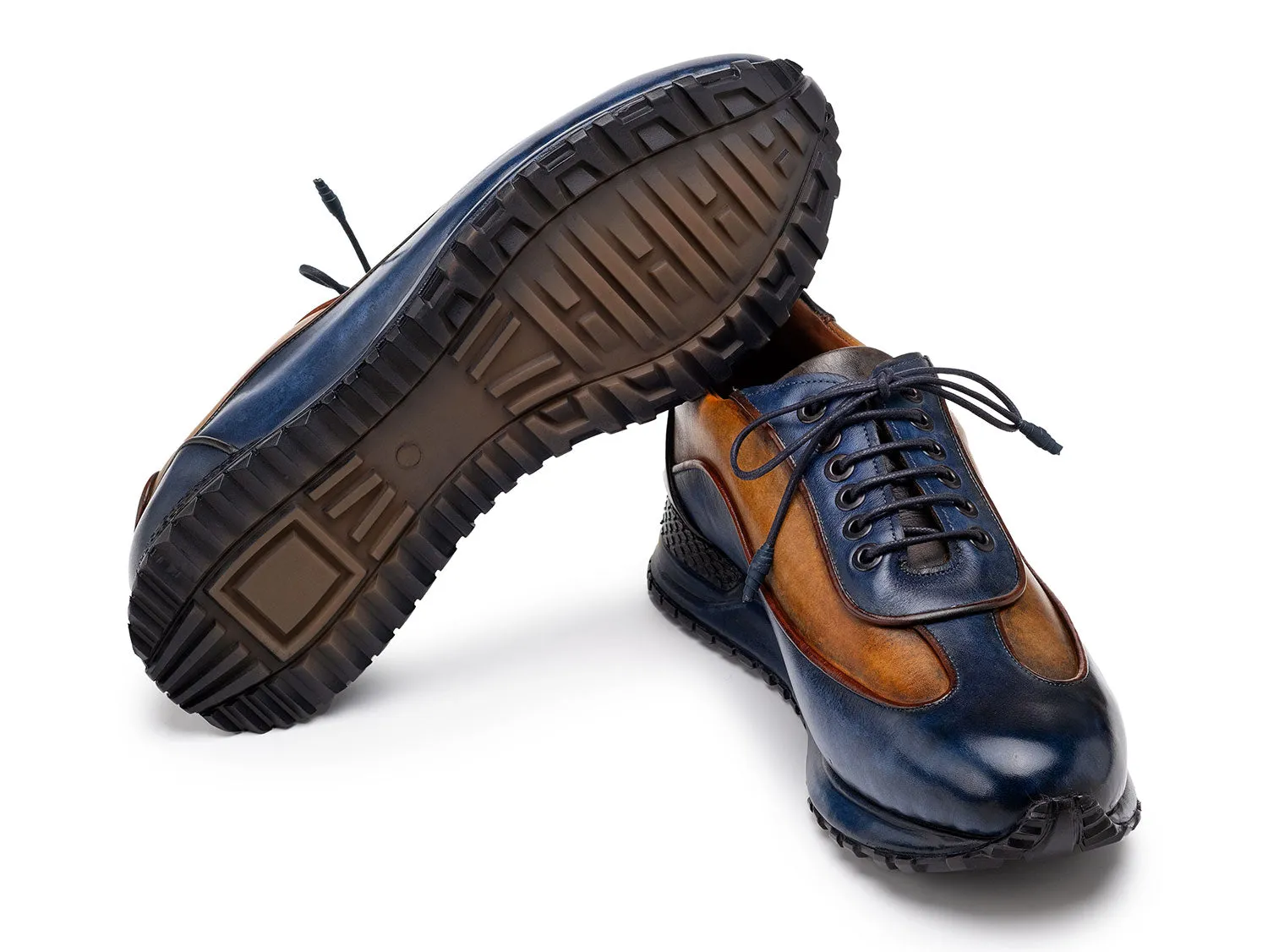 Paul Parkman Men's Patina Leather Sneakers in Blue & Camel