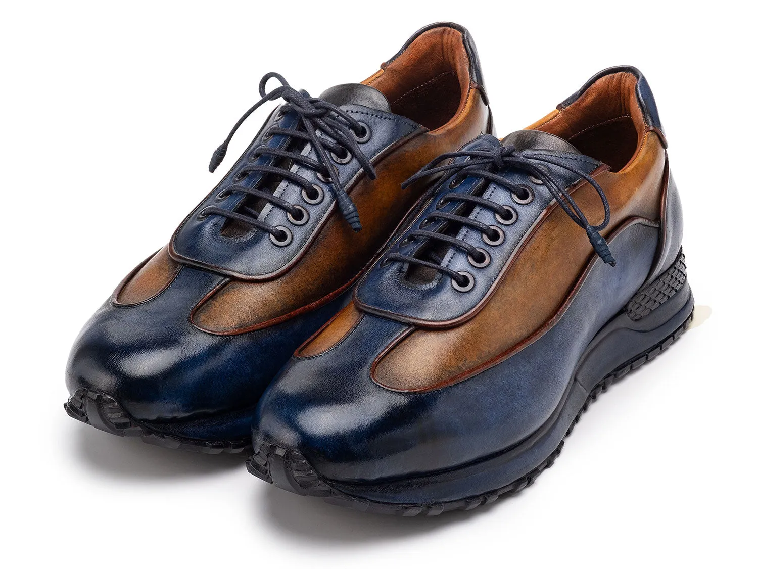 Paul Parkman Men's Patina Leather Sneakers in Blue & Camel