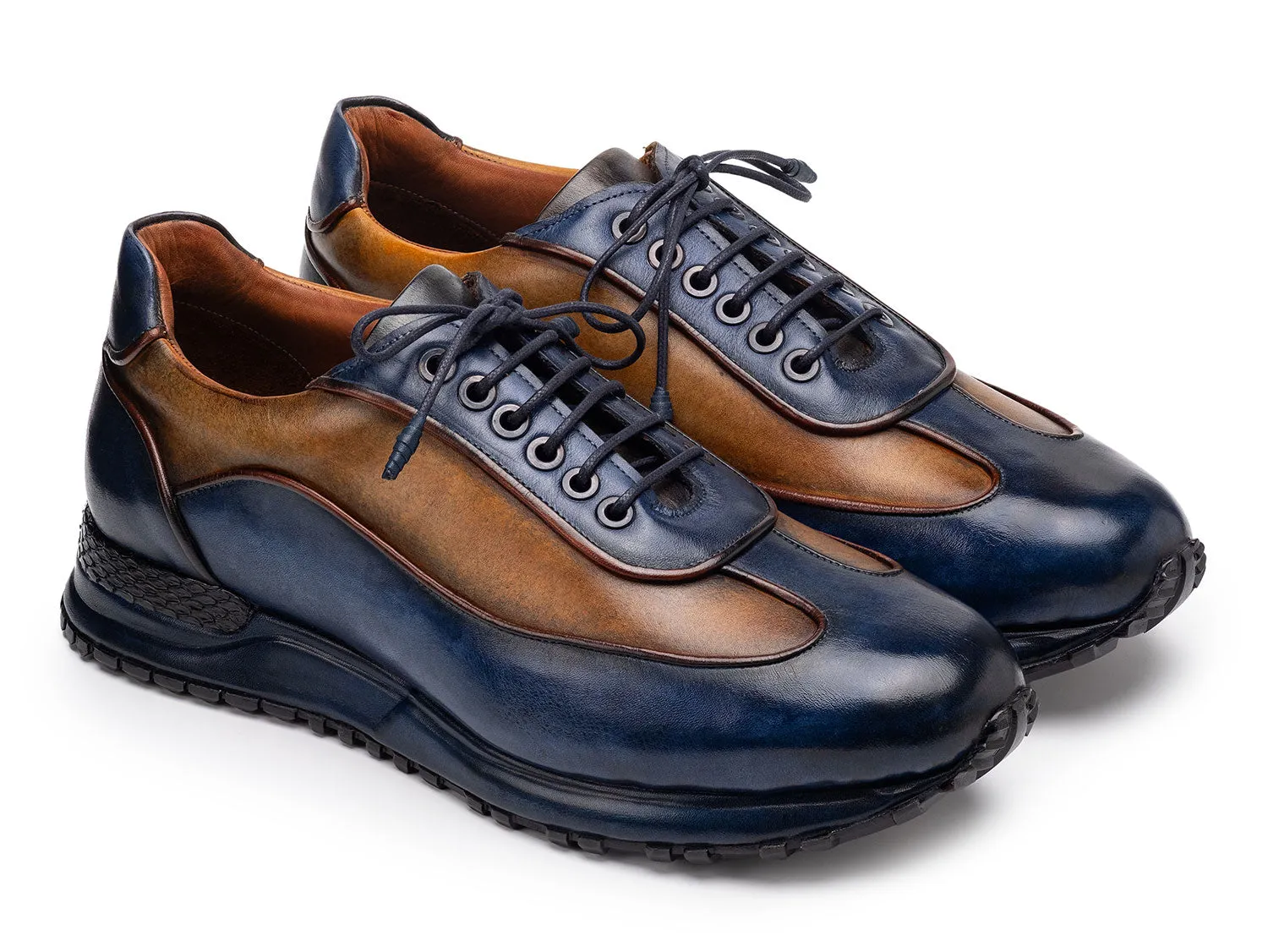 Paul Parkman Men's Patina Leather Sneakers in Blue & Camel