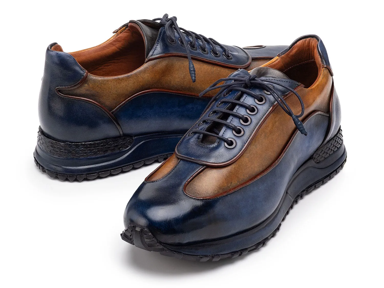 Paul Parkman Men's Patina Leather Sneakers in Blue & Camel