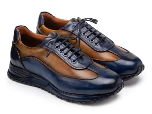 Paul Parkman Men's Patina Leather Sneakers in Blue & Camel