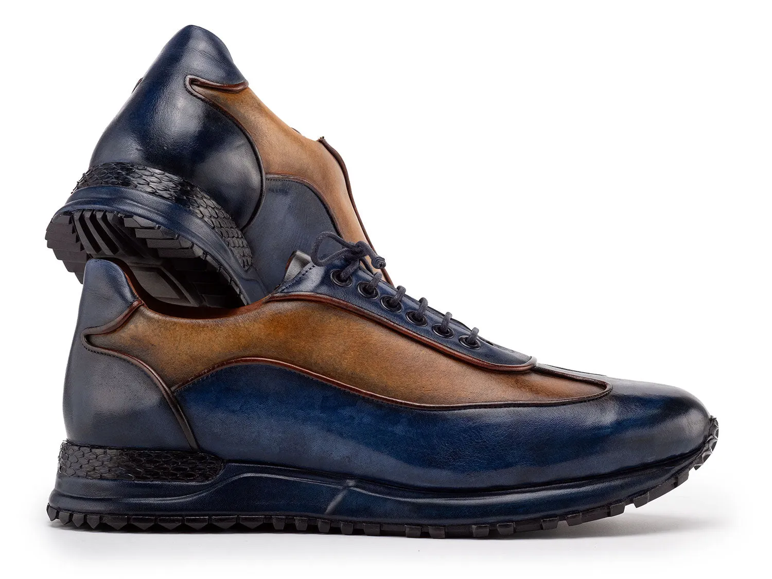 Paul Parkman Men's Patina Leather Sneakers in Blue & Camel