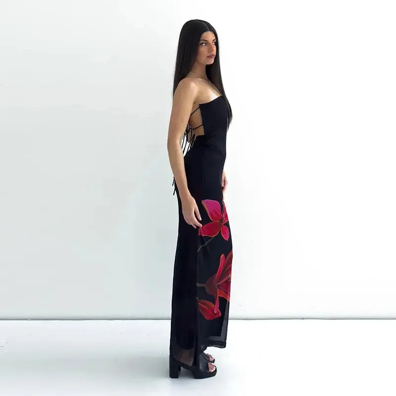 Personalized Backless Tied Dress - Printed Collar Tube Top
