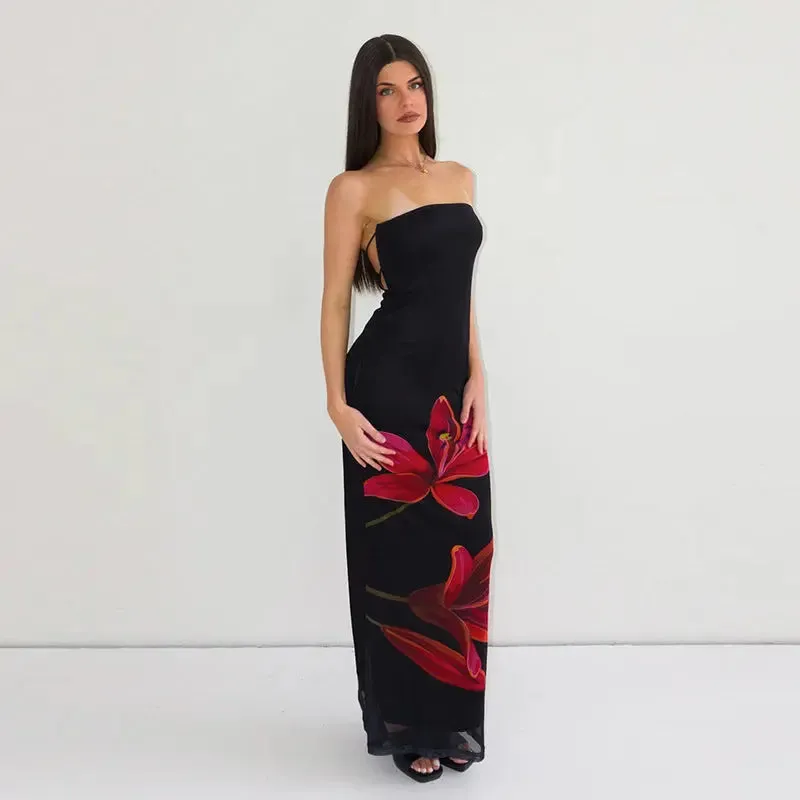 Personalized Backless Tied Dress - Printed Collar Tube Top