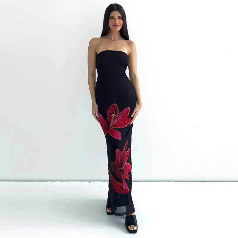 Personalized Backless Tied Dress - Printed Collar Tube Top