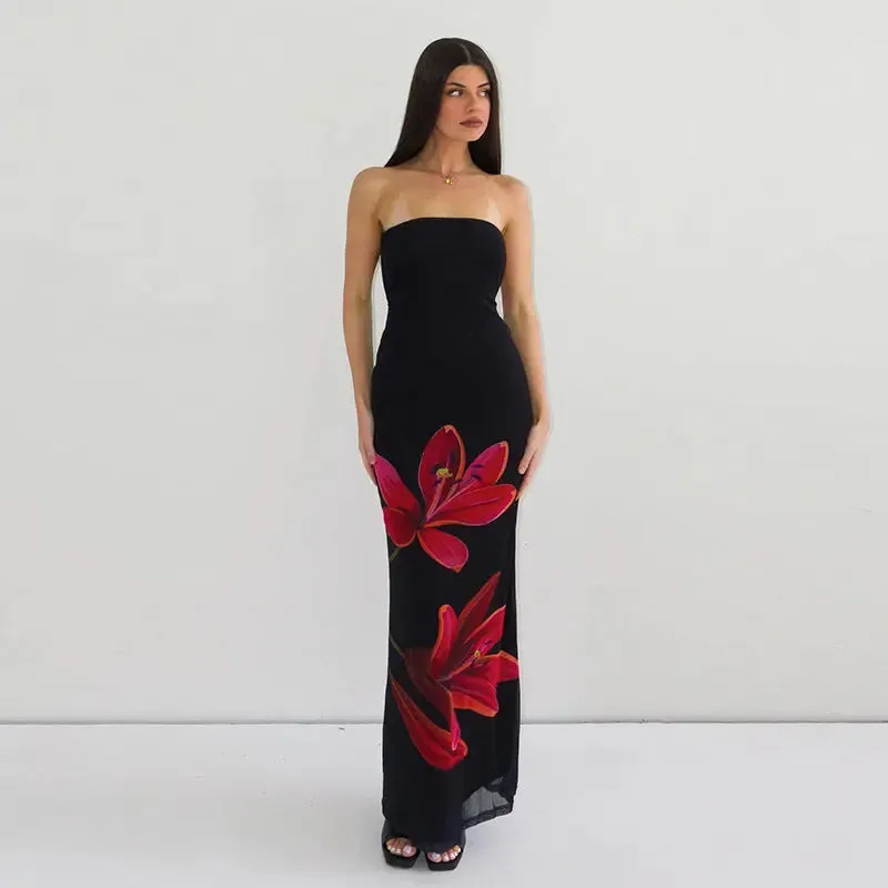 Personalized Backless Tied Dress - Printed Collar Tube Top