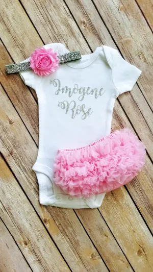 Personalized Pink And Silver Newborn Outfit Hello World Outfit Baby Girl Outfit