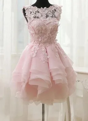 Pink Lace and Chiffon Short Layered Party Dresses, Sweet Formal Dresses, Homecoming Dresses