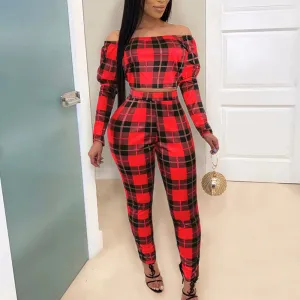 Plaid Print Off Shoulder Long Sleeve Top & High Waist Pants Set