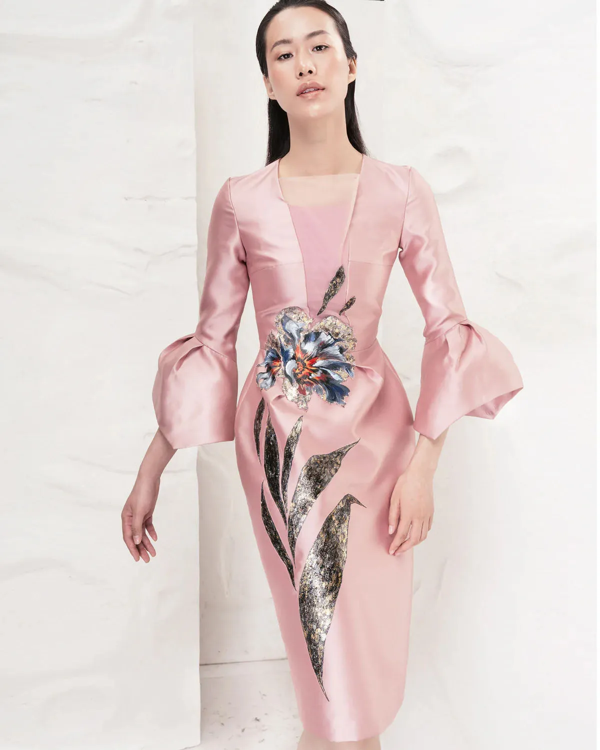 POPPY-PAINTED VOLUMINOUS SLEEVE MIDI DRESS