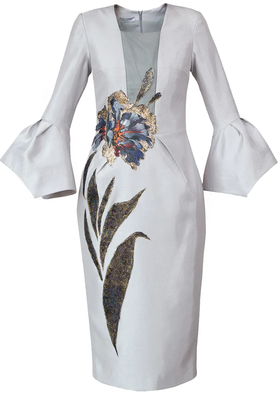 POPPY-PAINTED VOLUMINOUS SLEEVE MIDI DRESS