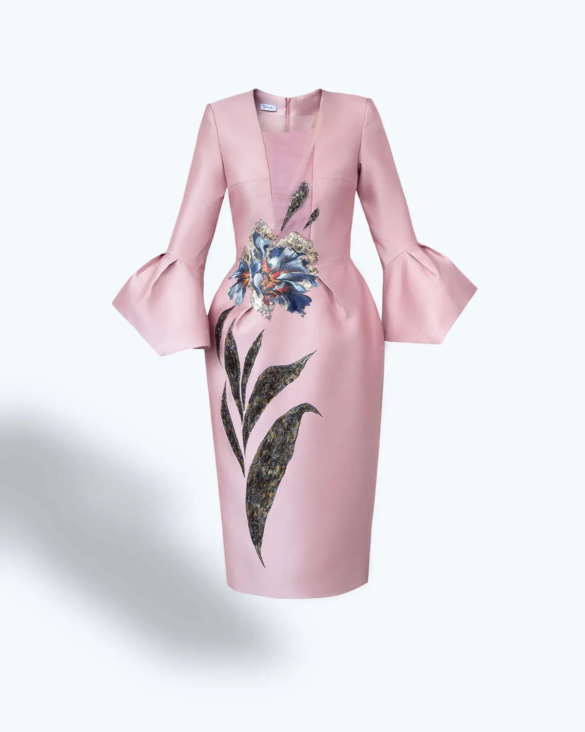 POPPY-PAINTED VOLUMINOUS SLEEVE MIDI DRESS