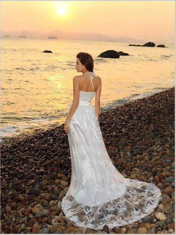 Princess Lace Halter Backless Sleeveless Wedding Dresses With Bowknot
