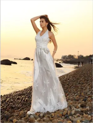 Princess Lace Halter Backless Sleeveless Wedding Dresses With Bowknot