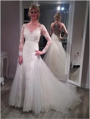 Princess Sequin Tulle V-neck Long Sleeves Brush Wedding Dresses