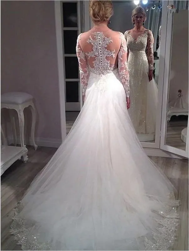Princess Sequin Tulle V-neck Long Sleeves Brush Wedding Dresses