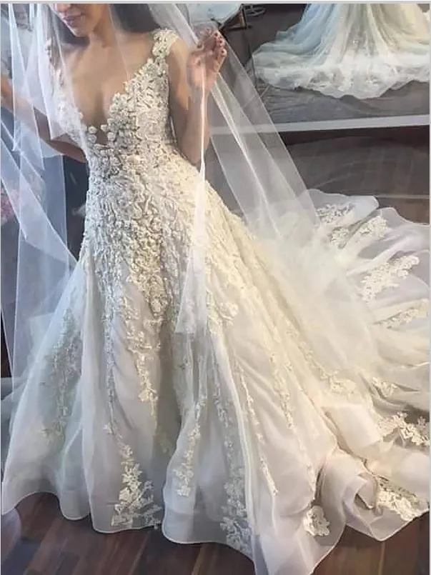 Princess Tulle Applique Wedding Dresses,Sleeveless V-neck Court Train Wedding Dresses