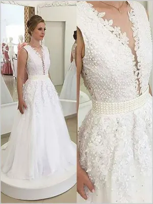 Princess Tulle V-neck Wedding Dresses,Applique Brush Train Wedding Dresses
