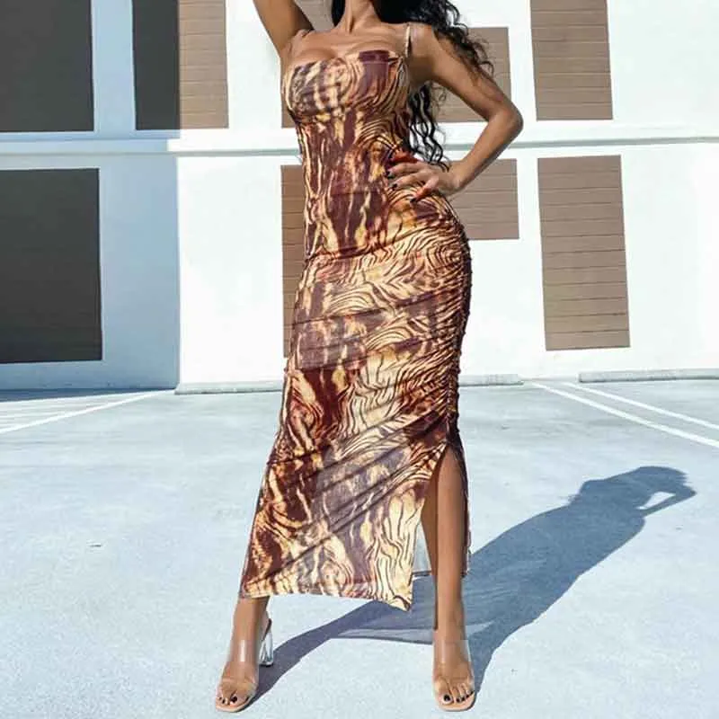 Print Square Neck Sleeveless Slit Dress