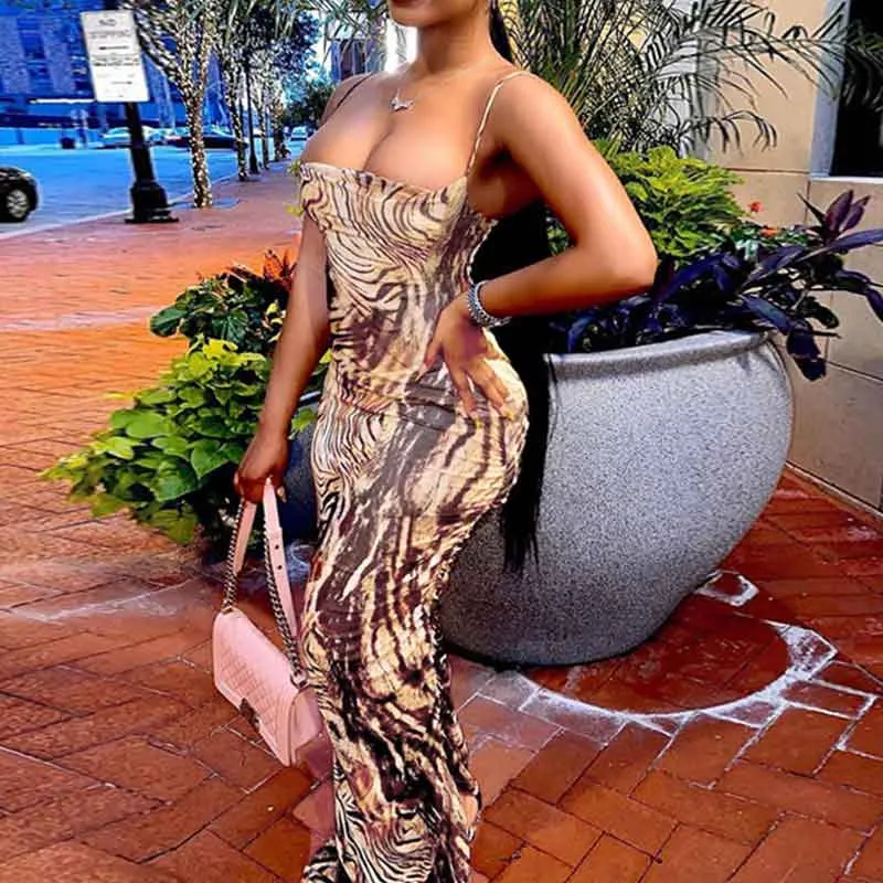 Print Square Neck Sleeveless Slit Dress