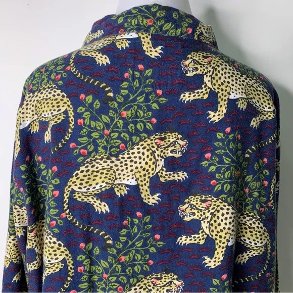 Printfresh Women's Blue Long Sleeve Pajama Shirt in Tiger Bagheera Print Size 1X