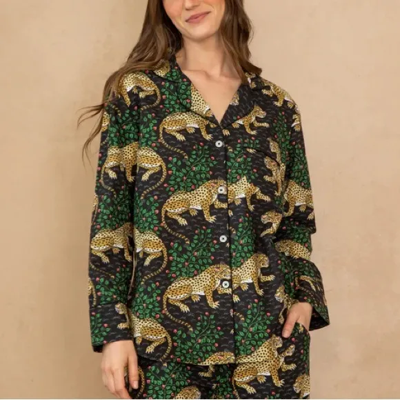 Printfresh Women's Blue Long Sleeve Pajama Shirt in Tiger Bagheera Print Size 1X
