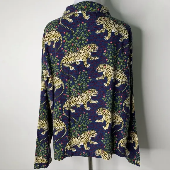 Printfresh Women's Blue Long Sleeve Pajama Shirt in Tiger Bagheera Print Size 1X
