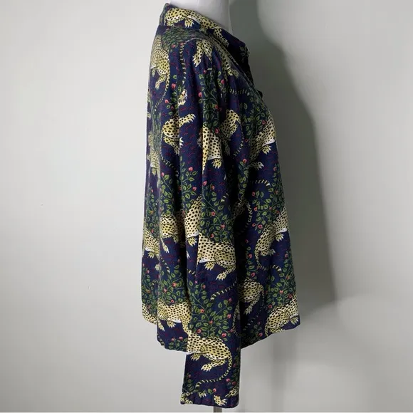 Printfresh Women's Blue Long Sleeve Pajama Shirt in Tiger Bagheera Print Size 1X