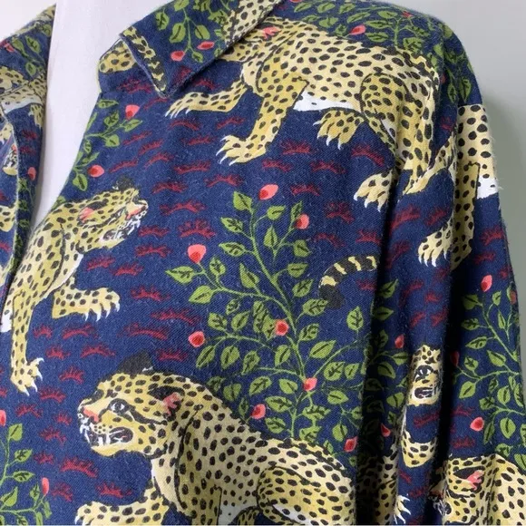 Printfresh Women's Blue Long Sleeve Pajama Shirt in Tiger Bagheera Print Size 1X
