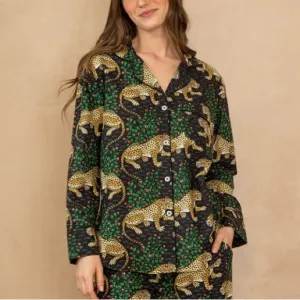 Printfresh Women's Blue Long Sleeve Pajama Shirt in Tiger Bagheera Print Size 1X