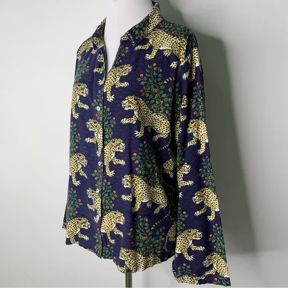 Printfresh Women's Blue Long Sleeve Pajama Shirt in Tiger Bagheera Print Size 1X