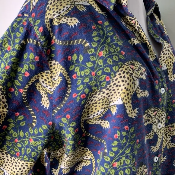 Printfresh Women's Blue Long Sleeve Pajama Shirt in Tiger Bagheera Print Size 1X