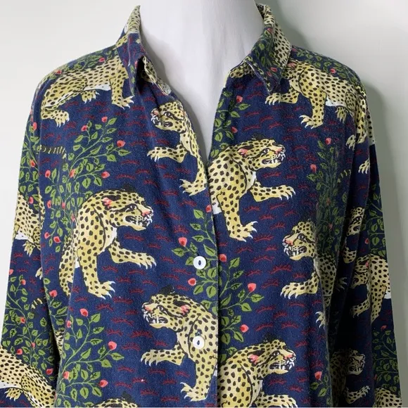 Printfresh Women's Blue Long Sleeve Pajama Shirt in Tiger Bagheera Print Size 1X