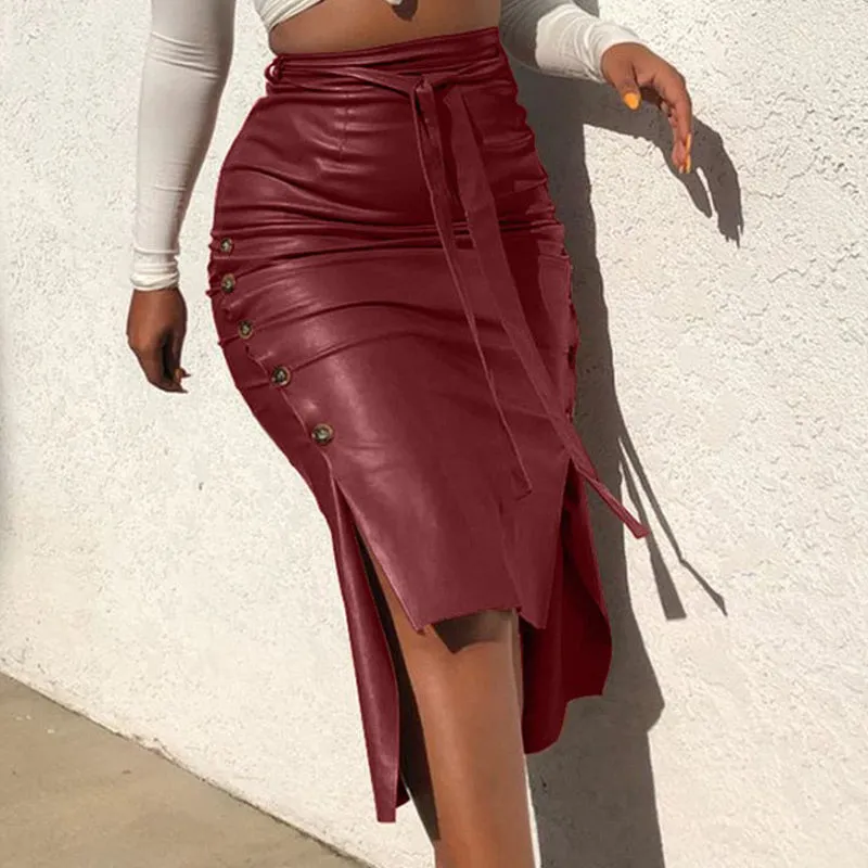 PU Leather Drawstring Button Design High Waist Split Skirt