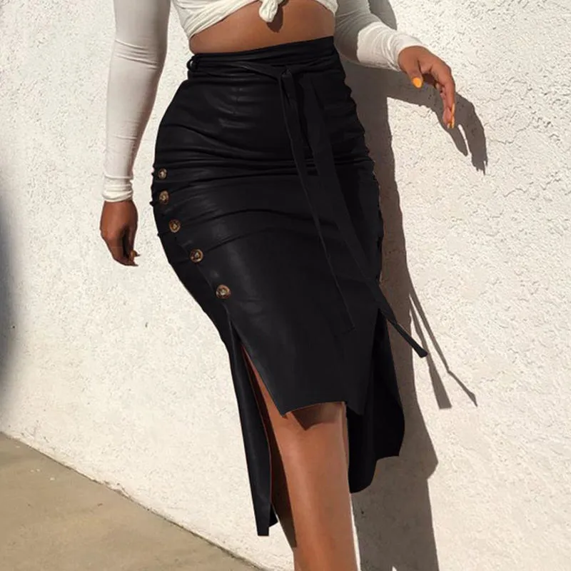 PU Leather Drawstring Button Design High Waist Split Skirt