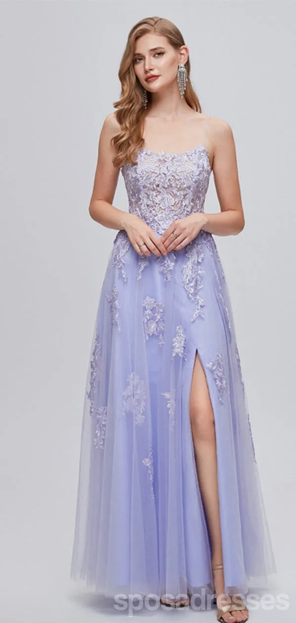 Purple A-line Spaghetti Straps Side Slit Cheap Long Prom Dresses,12987