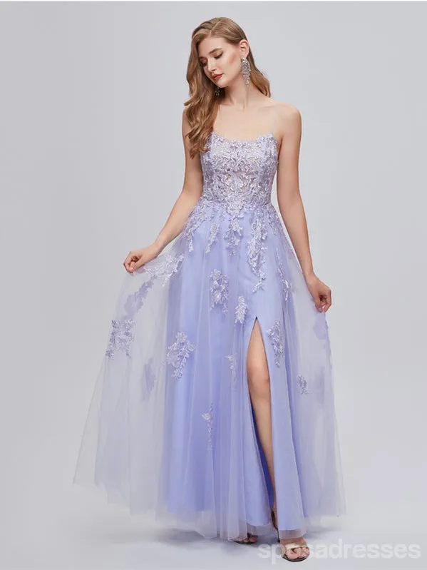 Purple A-line Spaghetti Straps Side Slit Cheap Long Prom Dresses,12987