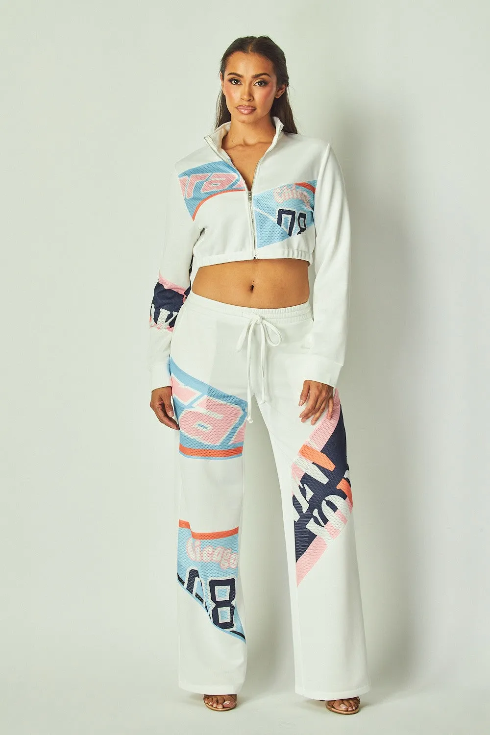 Race Patch Cropped Jacket & Pants Set – Bold Racing-Inspired Outfit