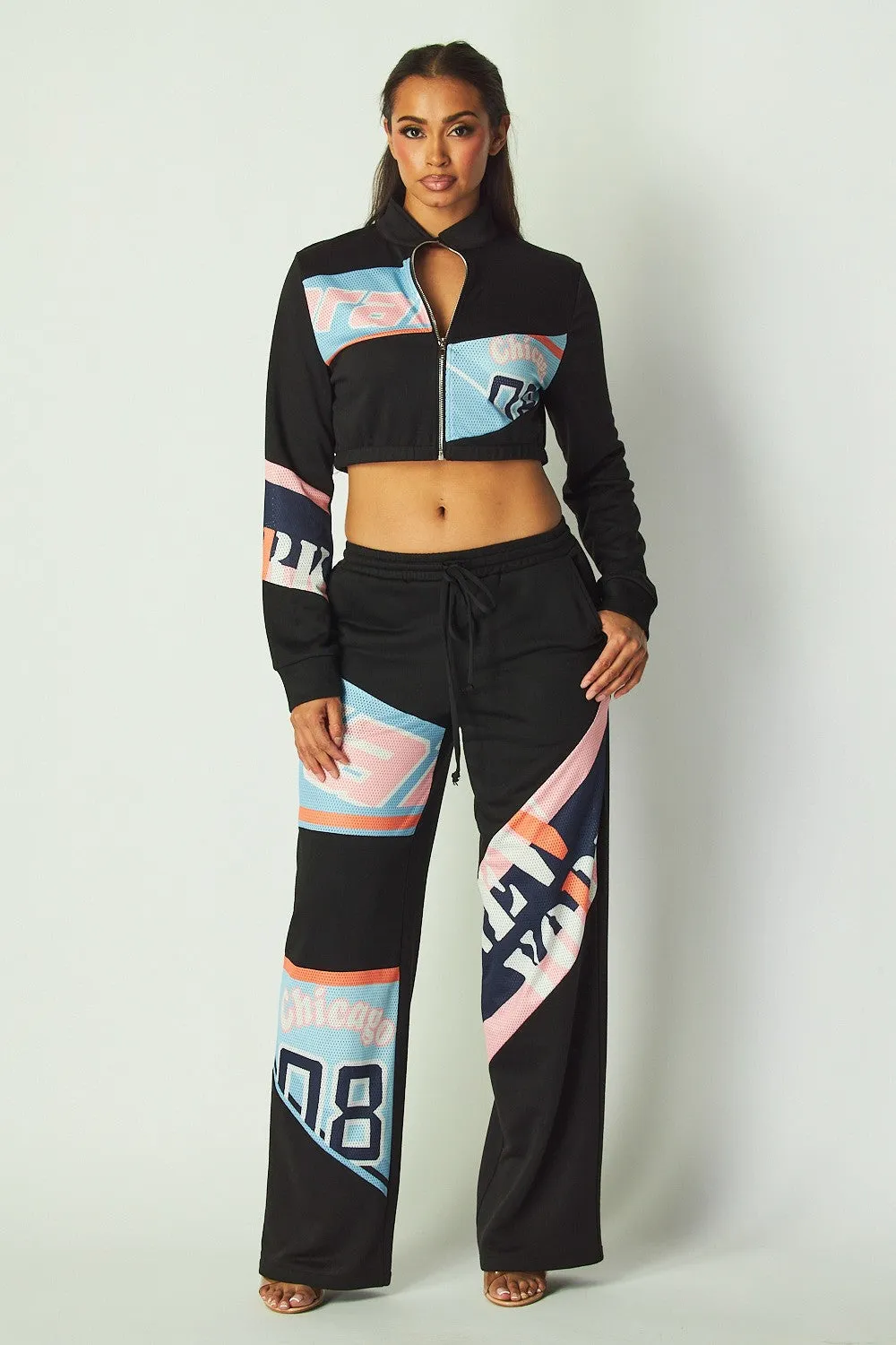 Race Patch Cropped Jacket & Pants Set – Bold Racing-Inspired Outfit