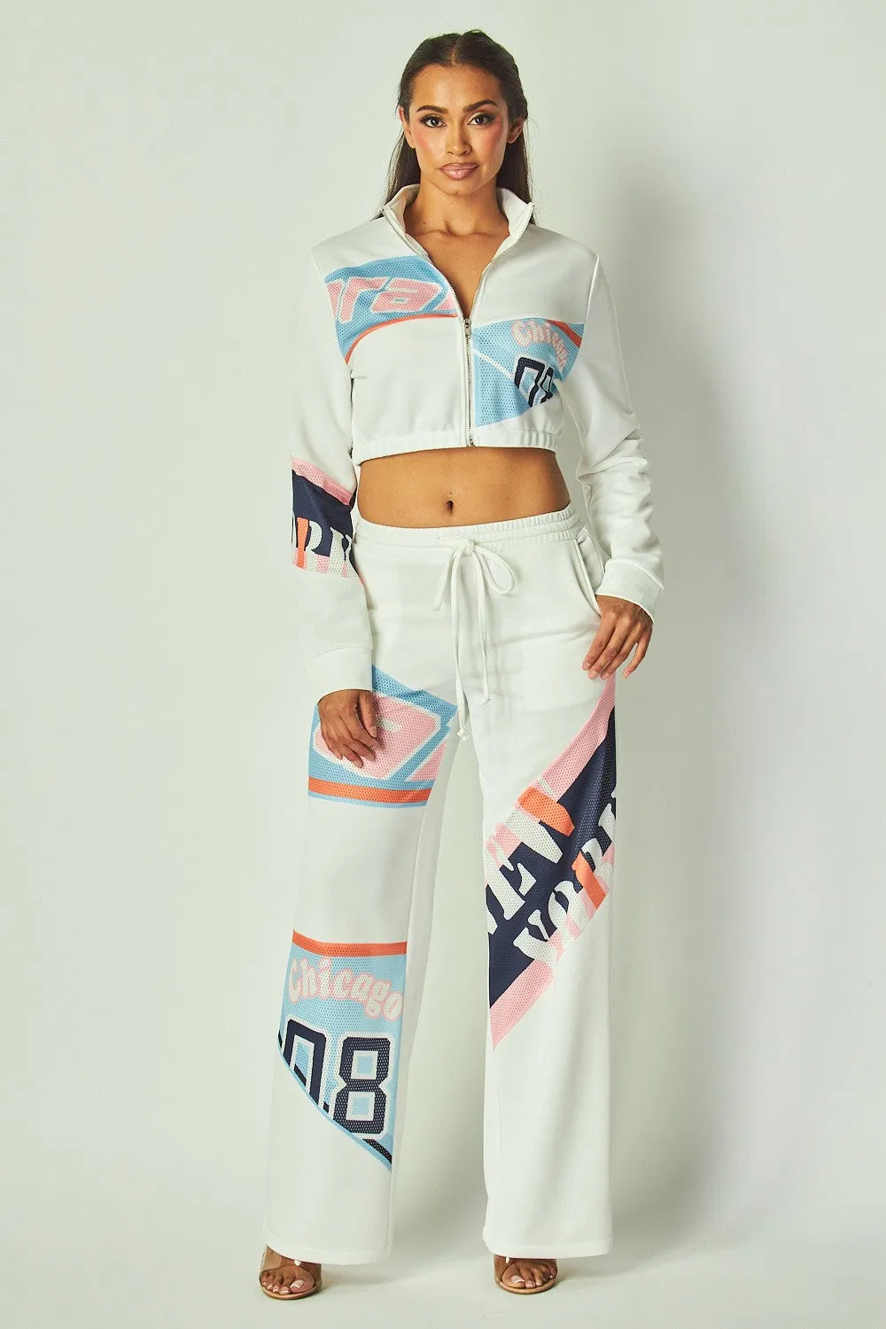 Race Patch Cropped Jacket & Pants Set – Bold Racing-Inspired Outfit