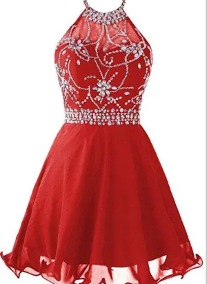 Red Halter Beaded Chiffon Short Homecoming Dresses , Red Party Dress, Red Prom Dresses