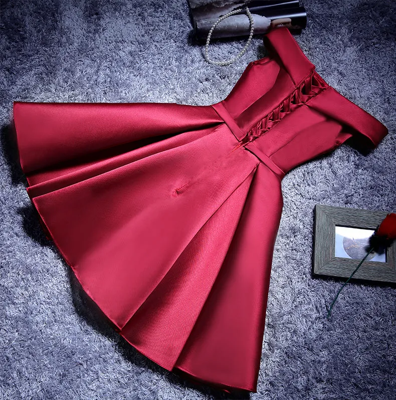 Red Satin Short Homecoming Dress, Off Shoulder Lace-up Formal Dress