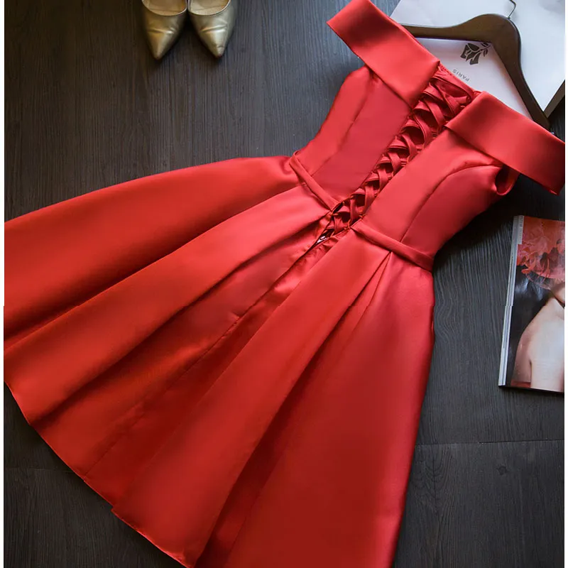 Red Satin Short Homecoming Dress, Off Shoulder Lace-up Formal Dress