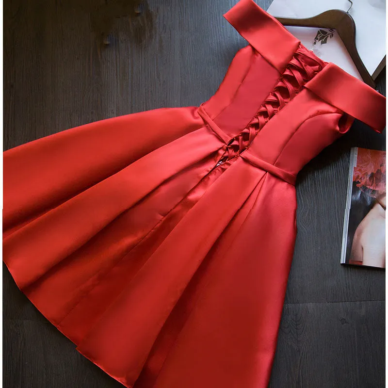 Red Satin Short Homecoming Dress, Off Shoulder Lace-up Formal Dress
