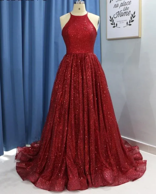 Red Sequin Glitter Prom Dresses Halter Off The Shoulder Evening Dress